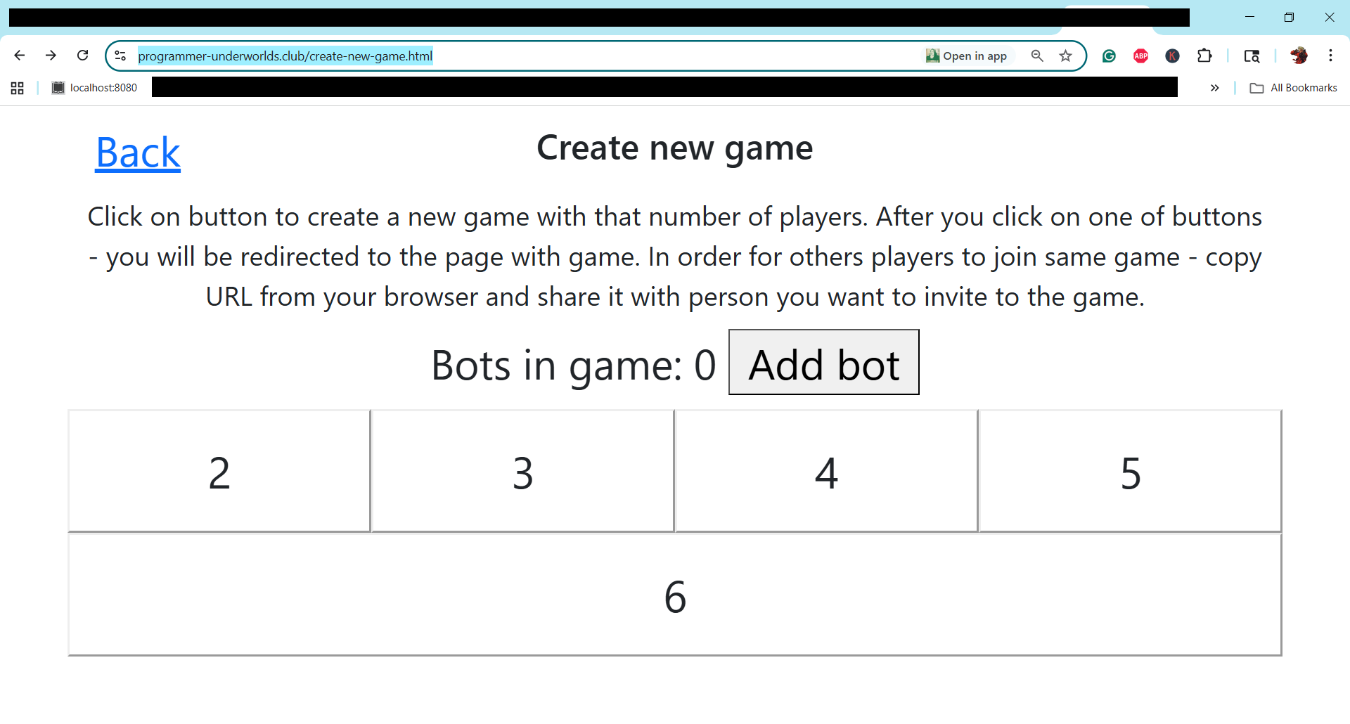Captura de pantalla de la página de creación de un nuevo juego que muestra el botón 'Añadir bot'.