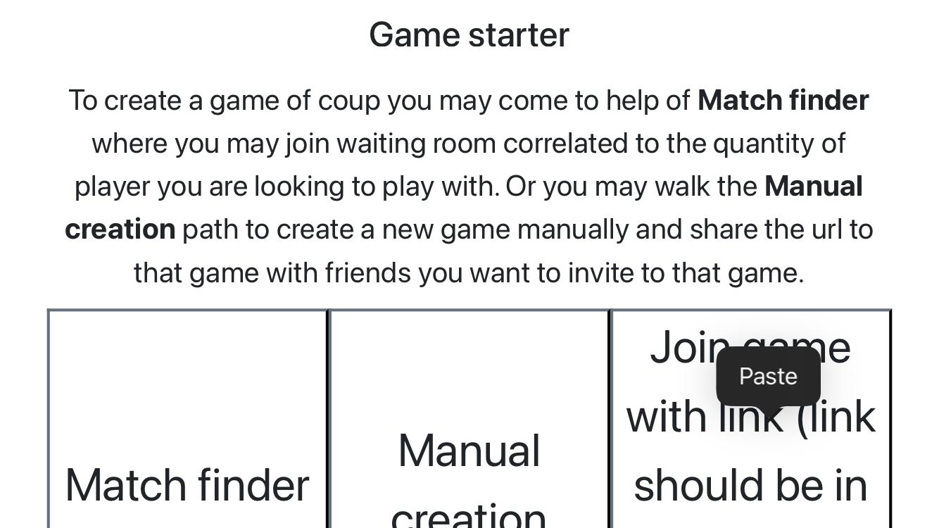 Captura de pantalla de la página de inicio del juego después de que el jugador toca el botón 'Unirse al juego con enlace (el enlace debe estar en tu portapapeles)'.