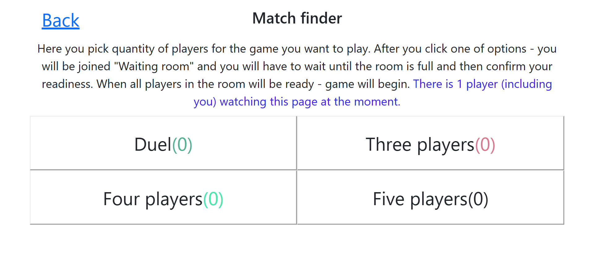 Captura de pantalla de la página del buscador de partidas.