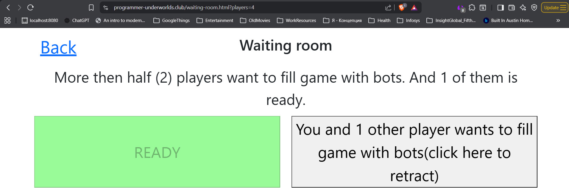 Captura de pantalla de la página de 'sala de espera' cuando más de la mitad de los jugadores votaron para llenar la partida con bots y uno de los jugadores hizo clic en el botón 'LISTO'.